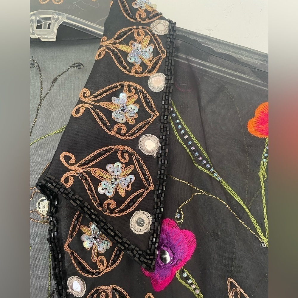 Black Sheer Open Front Long Jacket Blazer Embroidered Beading Stunning Floral M - Picture 2 of 10